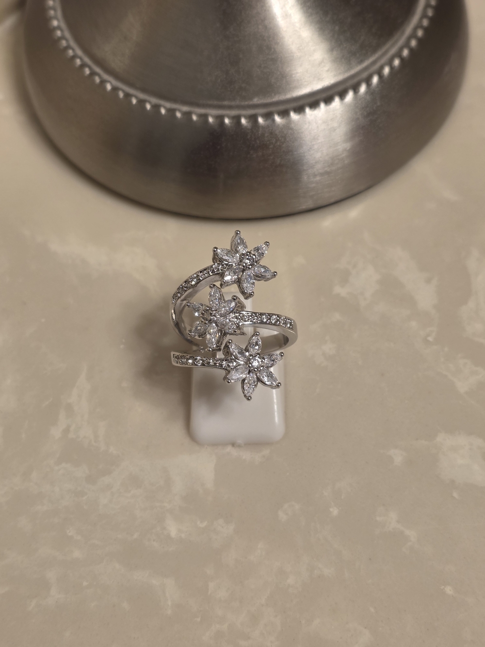 Silver and CZ Wrap Around Flower Ring Size 6